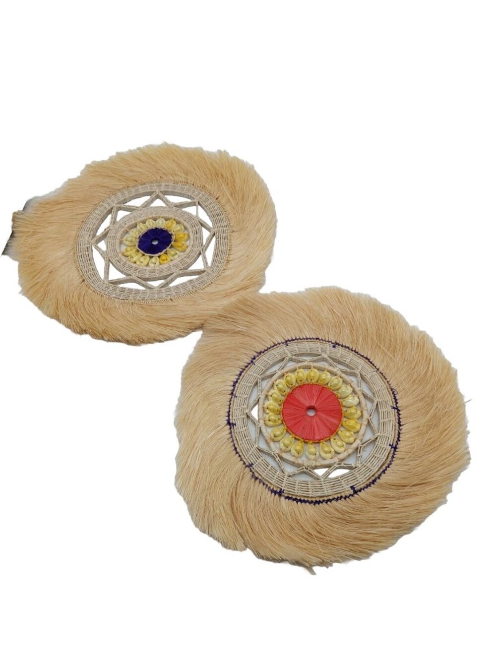 Raffia Decor With Sea shells fringe Brown Red Blue 11" Lot Of 2